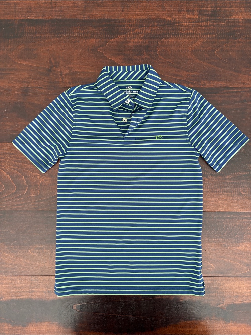 Southern Tide Navy & White Striped Kids Polo with Lime Logo Size Medium Like New